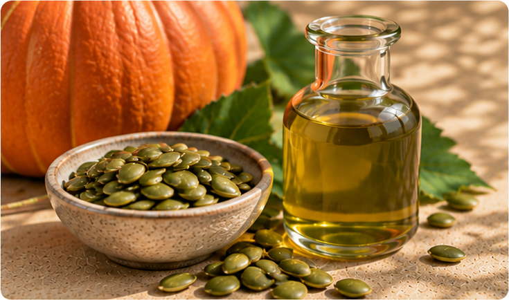 Pumpkin seed oil in a clear glass bottle beside pumpkin seeds on warm stone.