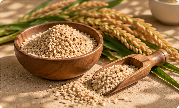 Rice grains in a wooden bowl and scoop beside rice stalks on warm stone.