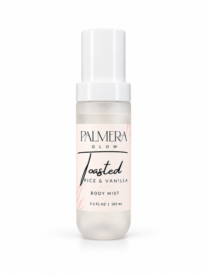 Palmera Glow Toasted Rice & Vanilla Body Mist, 3.5 fl oz / 103 mL, on a white background