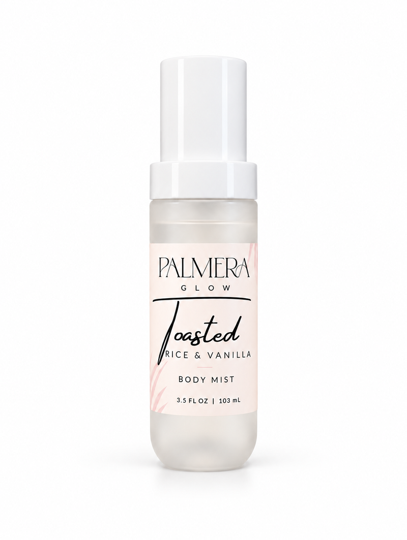 Palmera Glow Toasted Rice & Vanilla Body Mist, 3.5 fl oz / 103 mL, on a white background