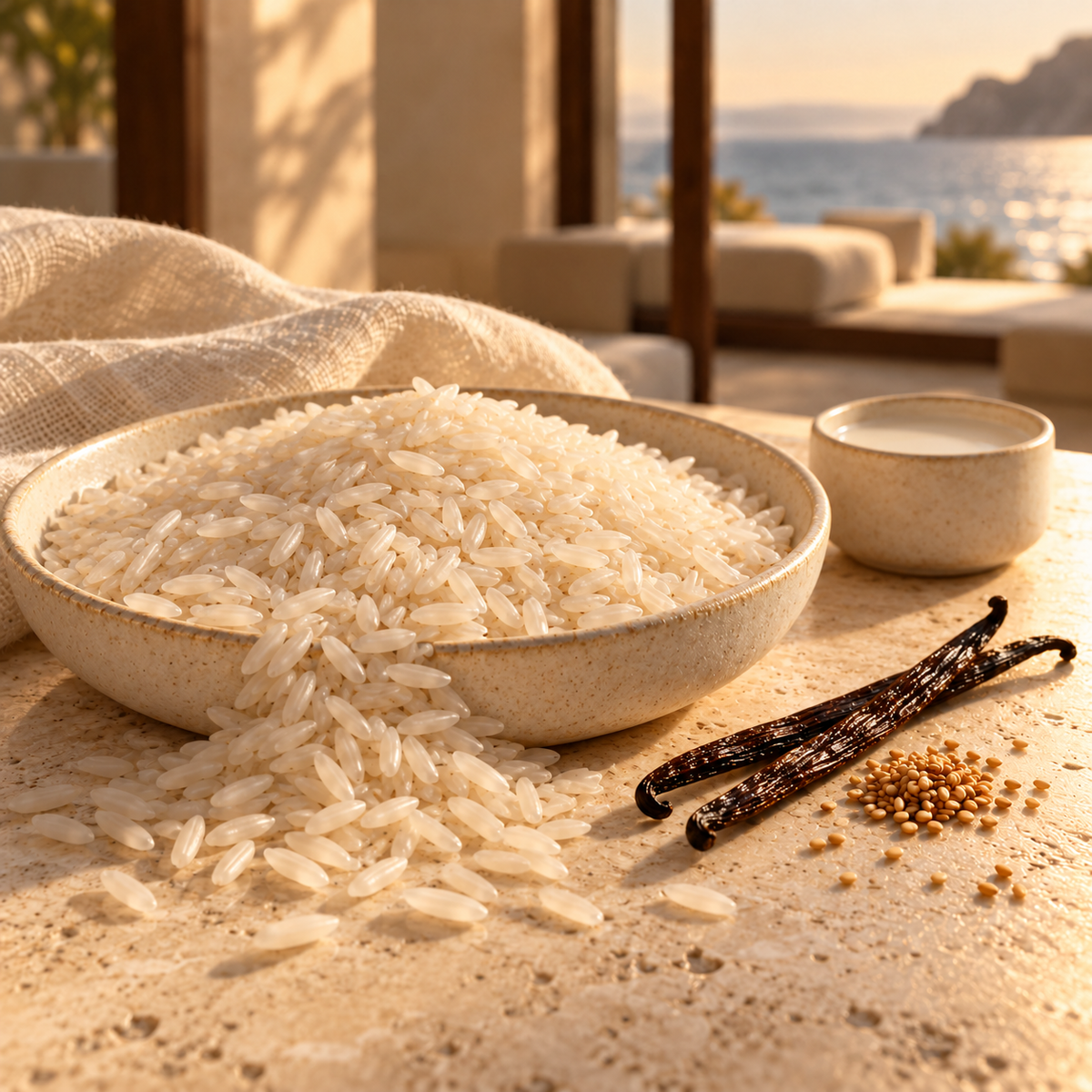 A shallow ivory ceramic dish of jasmine rice beside vanilla pods, toasted sesame and a small cup of rice milk on sunlit stone, with a coastal resort backdrop.