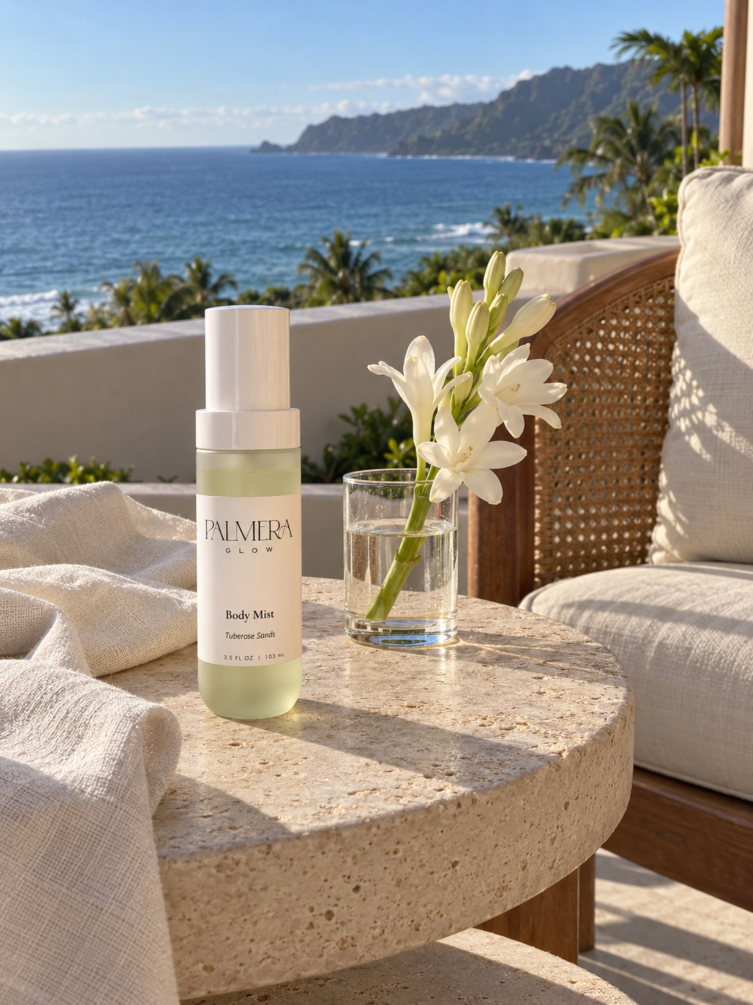 Tuberose Sands Body Mist on a sunlit ocean terrace