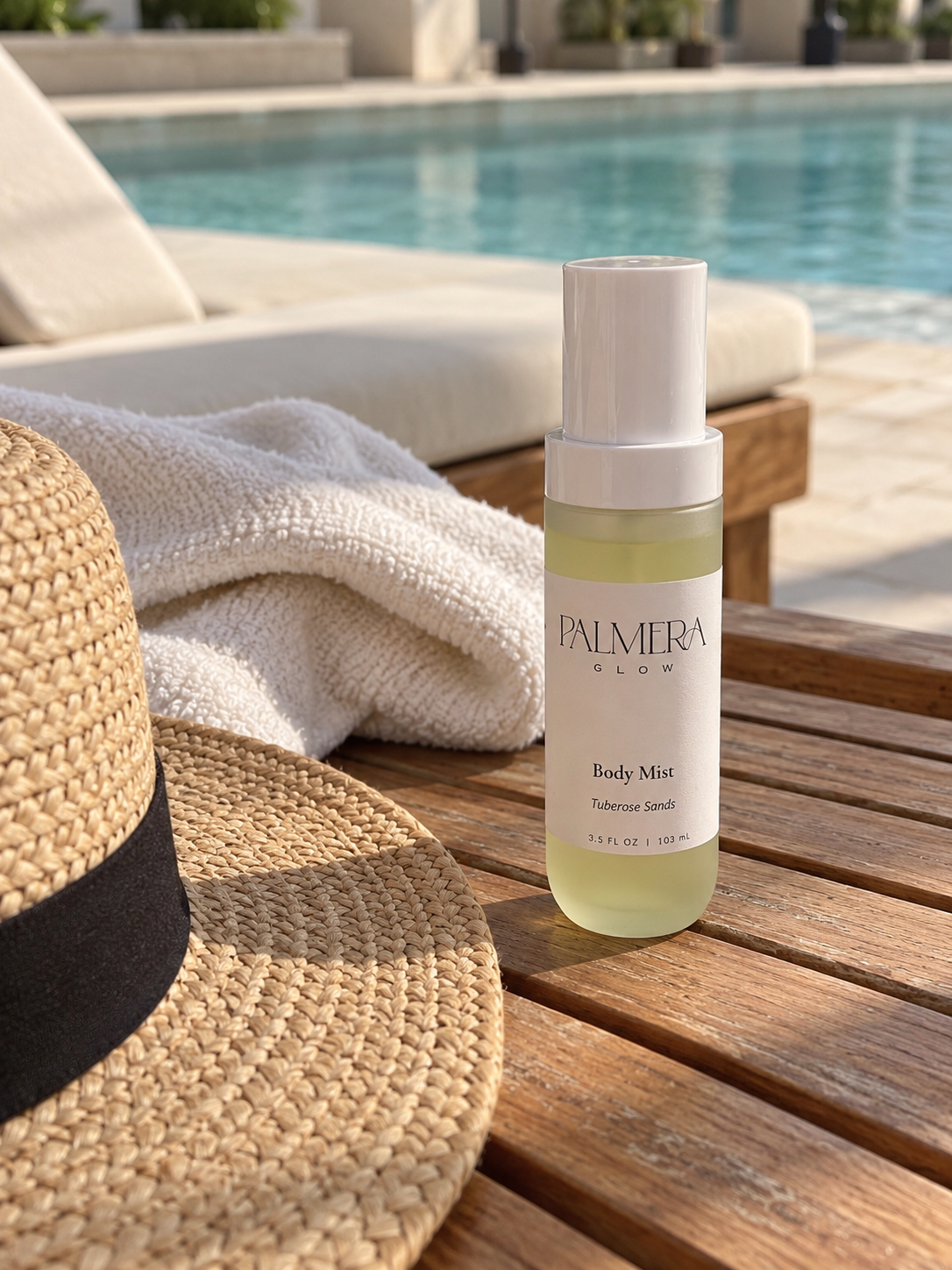 Tuberose Sands Body Mist beside a quiet resort pool