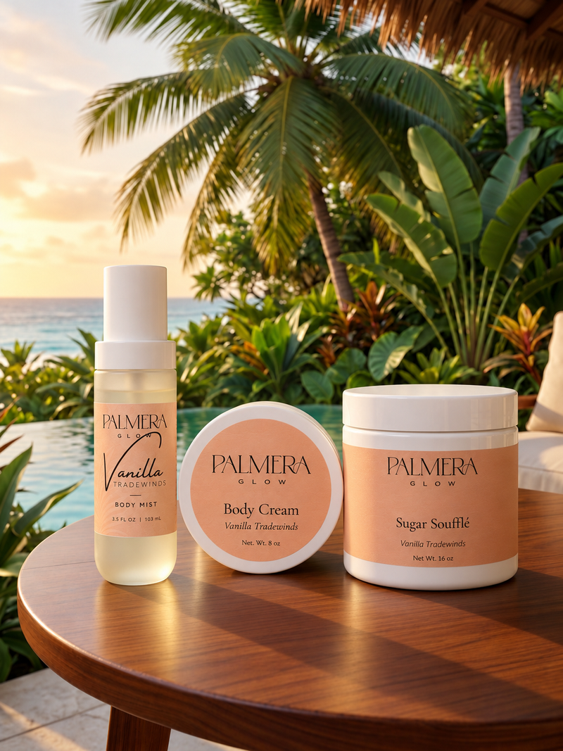 Vanilla Tradewinds Sugar Soufflé, Body Cream and Body Mist arranged on a sunlit resort table.