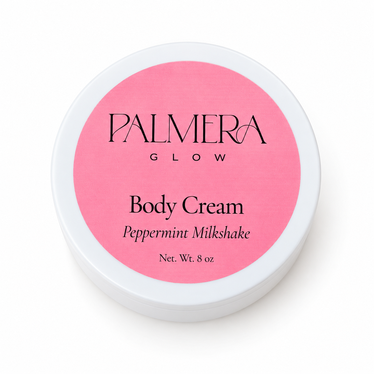 Palmera Glow Peppermint Milkshake Body Cream 8 oz white jar with pink lid label on a white background
