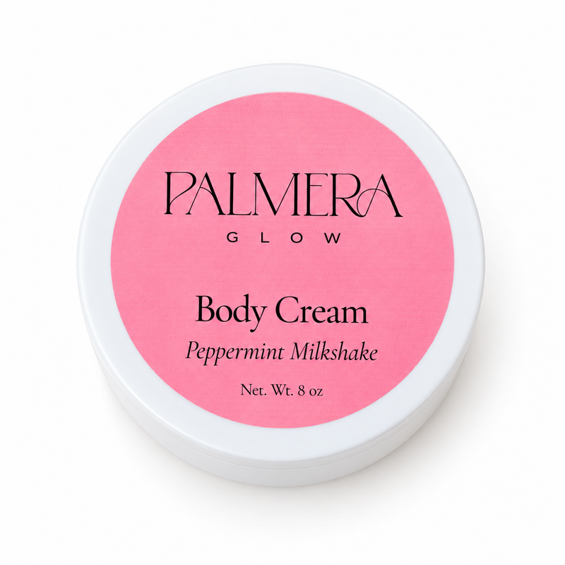 Palmera Glow Peppermint Milkshake Body Cream 8 oz white jar with pink lid label on a white background
