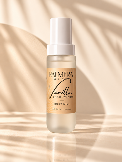 Vanilla Tradewinds Body Mist, 3.5 fl oz / 103 mL bottle in warm sunlight