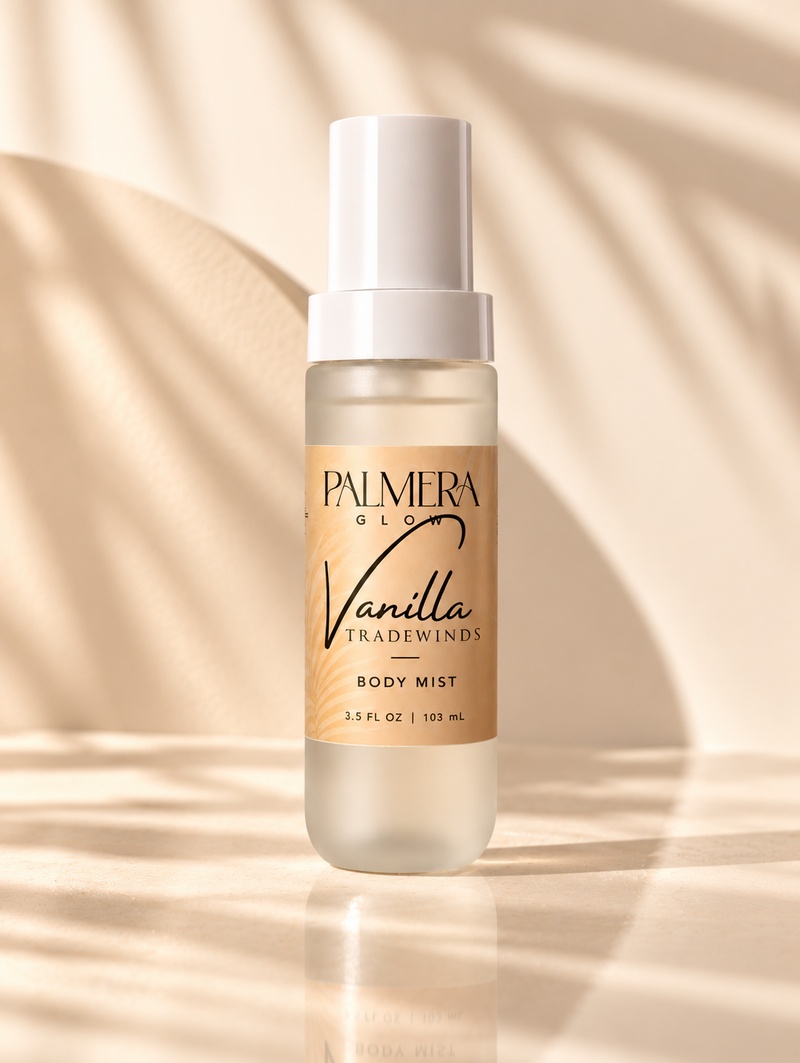 Vanilla Tradewinds Body Mist, 3.5 fl oz / 103 mL bottle in warm sunlight