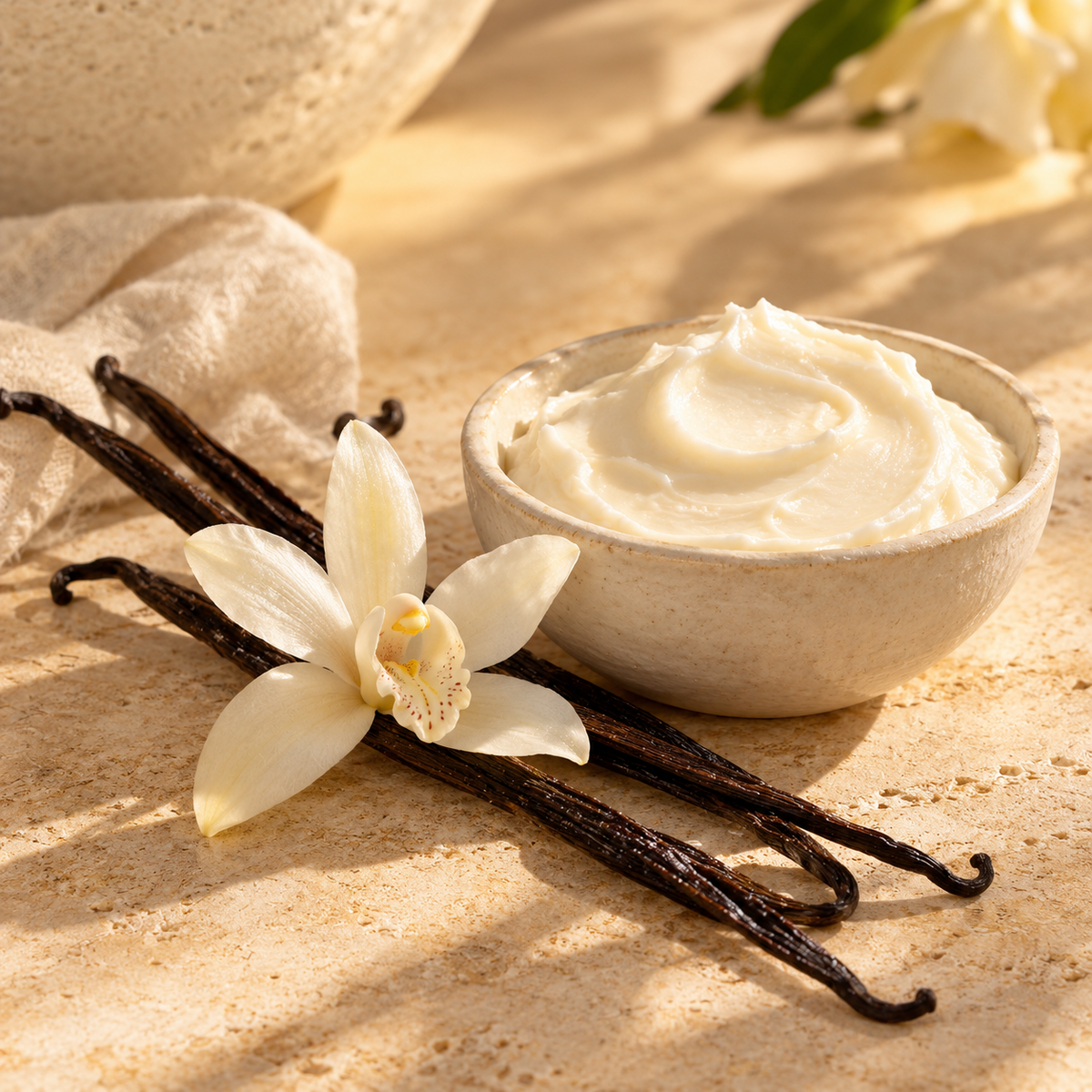 Vanilla pods, a white orchid and sweet cream in warm sunlight