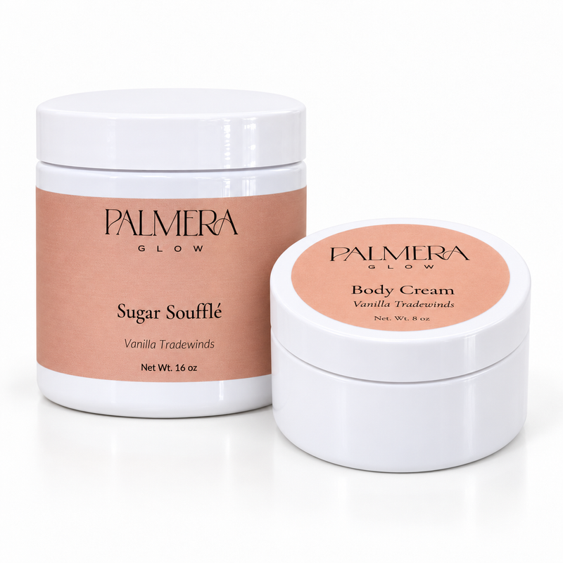 Vanilla Tradewinds Glow Duo: 16 oz Sugar Soufflé and 8 oz Body Cream on a white background.