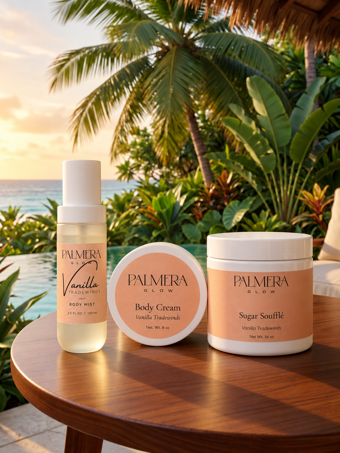 Vanilla Tradewinds Body Mist, Body Cream and Sugar Soufflé at a tropical resort